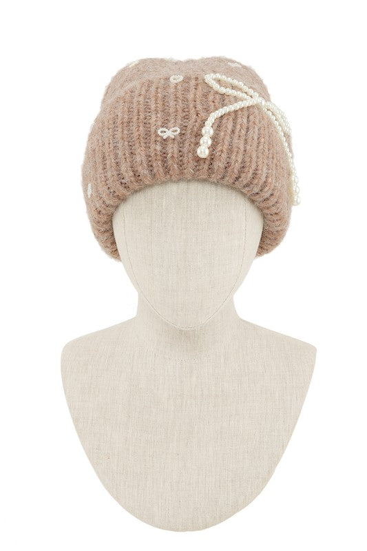 Women's Knitted Beanie Hat with Pearl Ribbon Accent