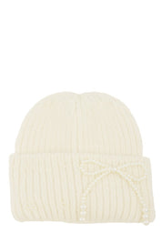 Women's Knitted Beanie Hat with Pearl Ribbon Accent