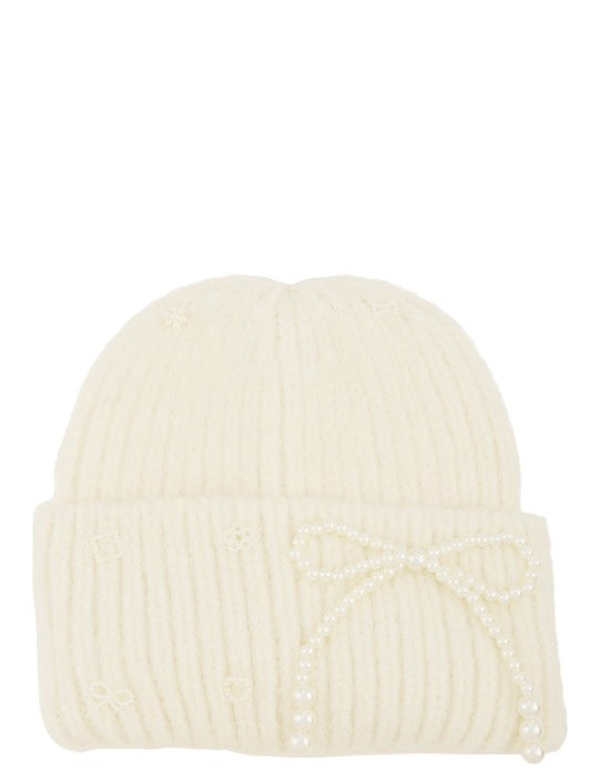 Women's Knitted Beanie Hat with Pearl Ribbon Accent