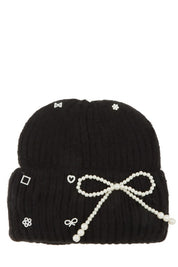 Women's Knitted Beanie Hat with Pearl Ribbon Accent