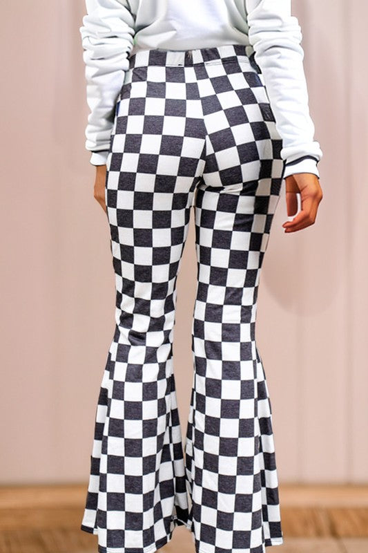 Women's High Rise Flared Checkered Pants