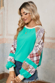 Women's Long Sleeve Plaid Floral Patchwork Top