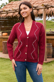 Women's Chunky Cable Knit Cardigan with Contrast Colorblock