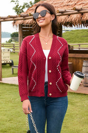 Women's Chunky Cable Knit Cardigan with Contrast Colorblock