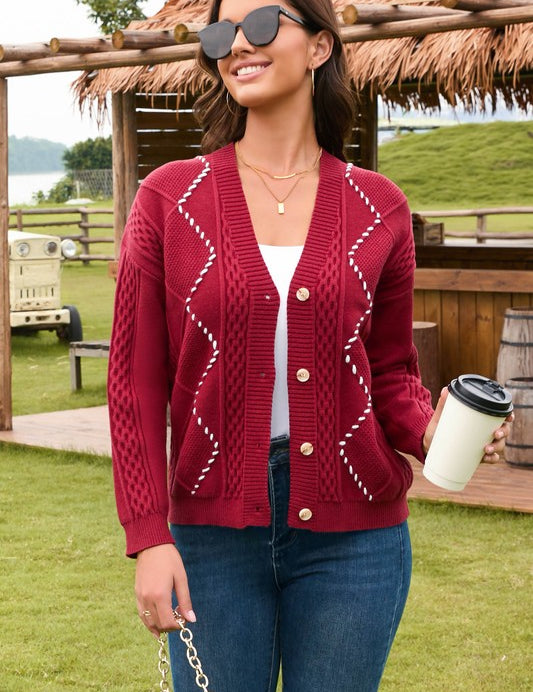 Women's Chunky Cable Knit Cardigan with Contrast Colorblock