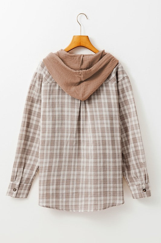 Women's Checkered Hooded Loose Fit Shacket