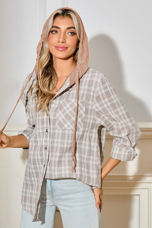 Women's Checkered Hooded Loose Fit Shacket