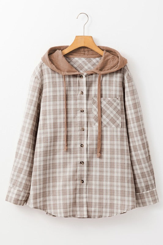 Women's Checkered Hooded Loose Fit Shacket