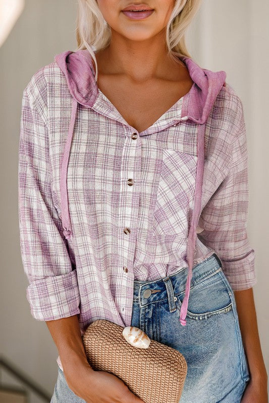 Women's Checkered Hooded Loose Fit Shacket