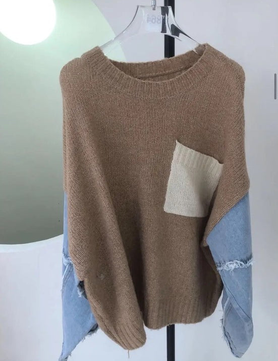 Women's Knit Sweater with Denim Sleeves