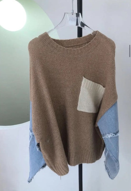 Women's Knit Sweater with Denim Sleeves