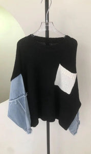 Women's Knit Sweater with Denim Sleeves