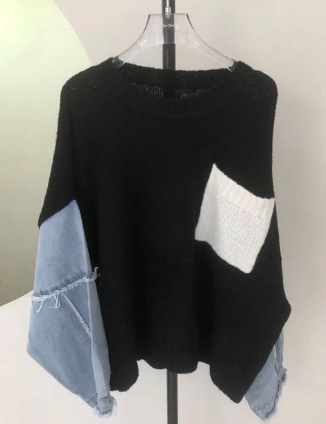 Women's Knit Sweater with Denim Sleeves