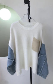 Women's Knit Sweater with Denim Sleeves