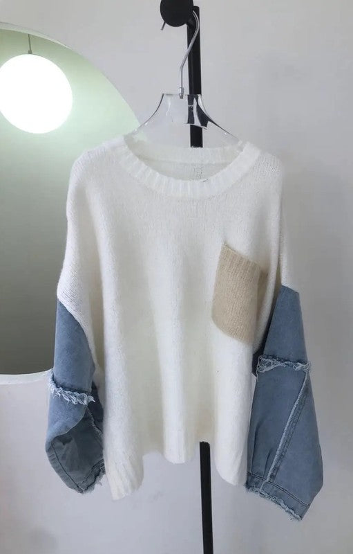 Women's Knit Sweater with Denim Sleeves