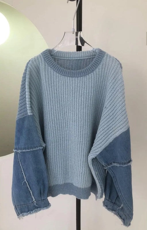 Women's Knit Sweater with Denim Sleeves