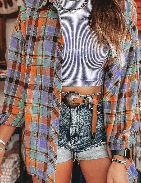 Women's Loose Fit Orange Plaid Vintage Shirt