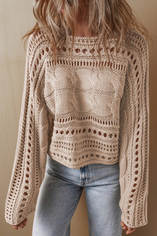 Women's Cropped Cable Knit Sweater in Smoke Gray