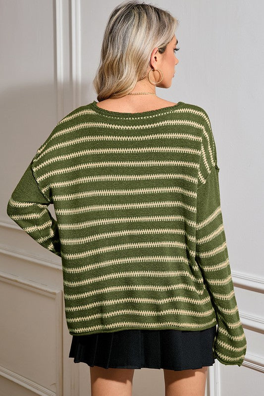 Women's Relaxed Fit Stripe Round Neck Sweater