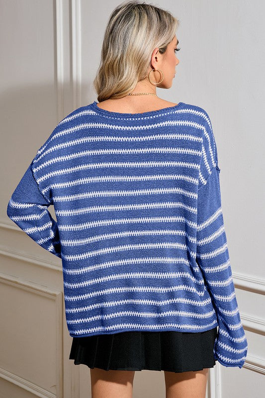 Women's Relaxed Fit Stripe Round Neck Sweater