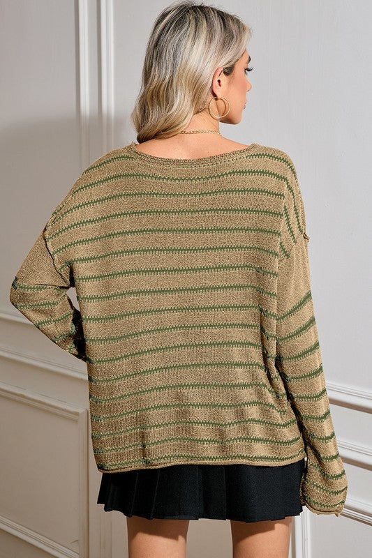 Women's Relaxed Fit Stripe Round Neck Sweater