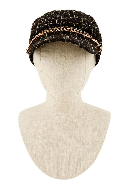 Women's Tweed Beret with Chain Detail