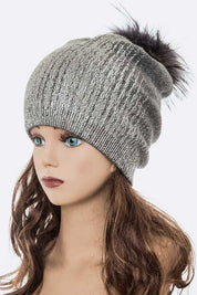 Women's Snug Fit Metallic Cashmere Beanie with Detachable Pom Pom