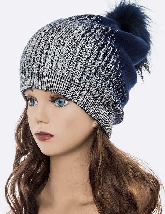 Women's Snug Fit Metallic Cashmere Beanie with Detachable Pom Pom