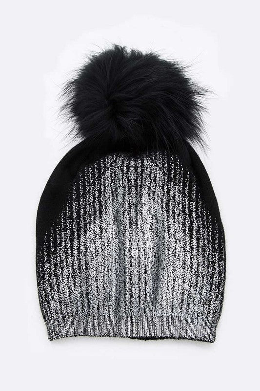 Women's Snug Fit Metallic Cashmere Beanie with Detachable Pom Pom