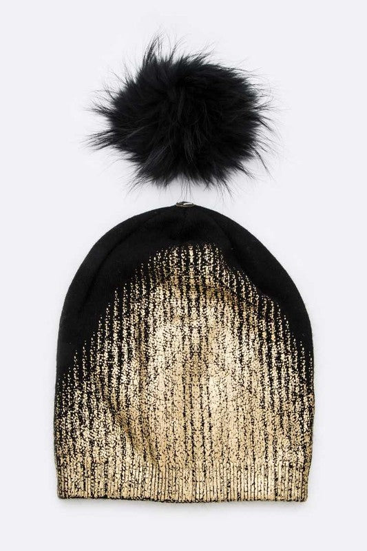 Women's Snug Fit Metallic Cashmere Beanie with Detachable Pom Pom