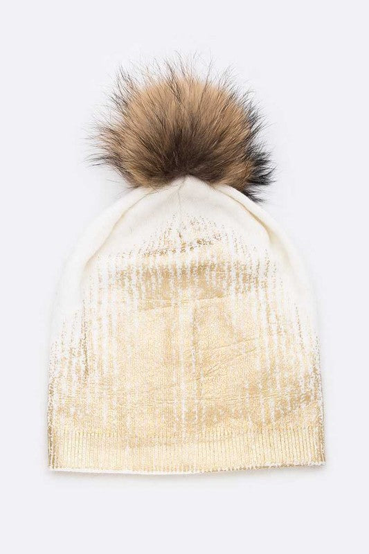 Women's Snug Fit Metallic Cashmere Beanie with Detachable Pom Pom