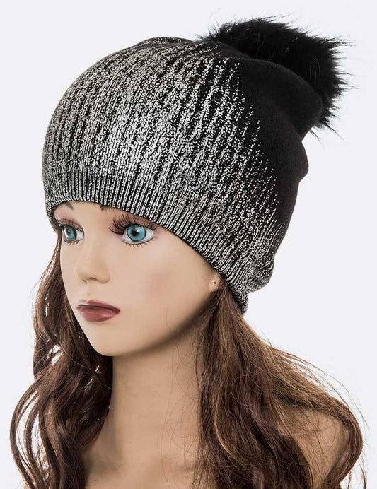 Women's Snug Fit Metallic Cashmere Beanie with Detachable Pom Pom