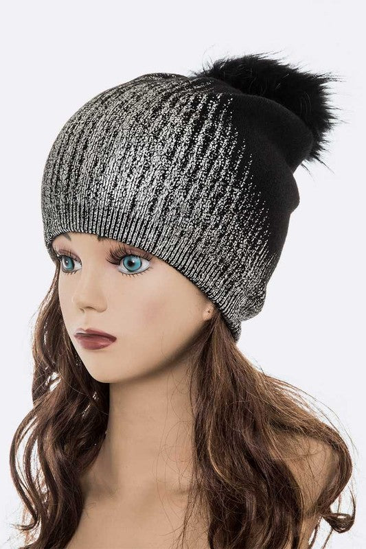 Women's Snug Fit Metallic Cashmere Beanie with Detachable Pom Pom