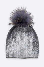 Women's Snug Fit Metallic Cashmere Beanie with Detachable Pom Pom