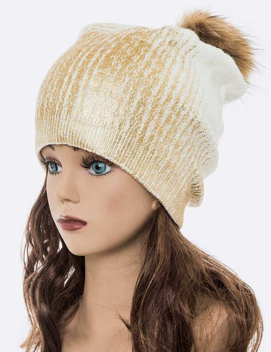 Women's Snug Fit Metallic Cashmere Beanie with Detachable Pom Pom