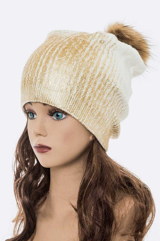 Women's Snug Fit Metallic Cashmere Beanie with Detachable Pom Pom