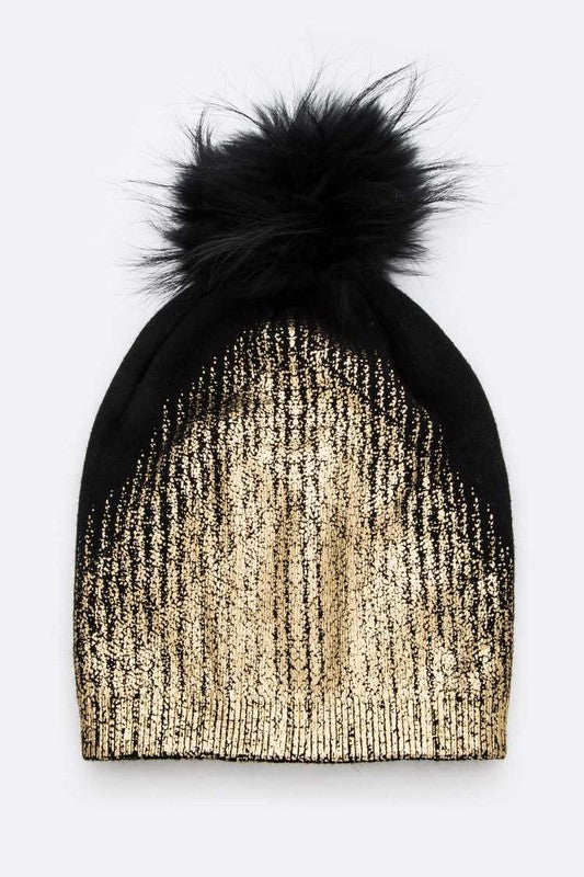 Women's Snug Fit Metallic Cashmere Beanie with Detachable Pom Pom