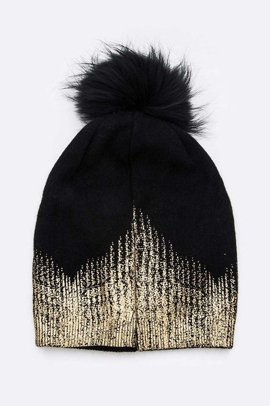 Women's Snug Fit Metallic Cashmere Beanie with Detachable Pom Pom