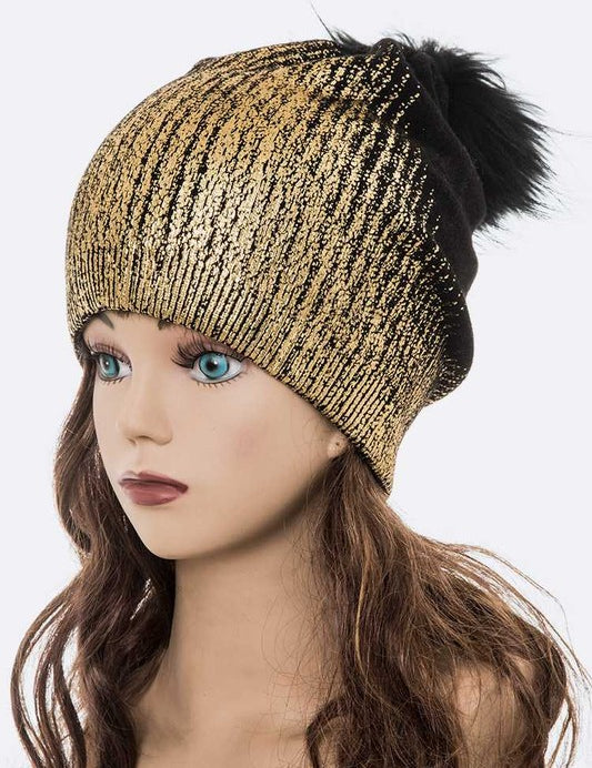 Women's Snug Fit Metallic Cashmere Beanie with Detachable Pom Pom