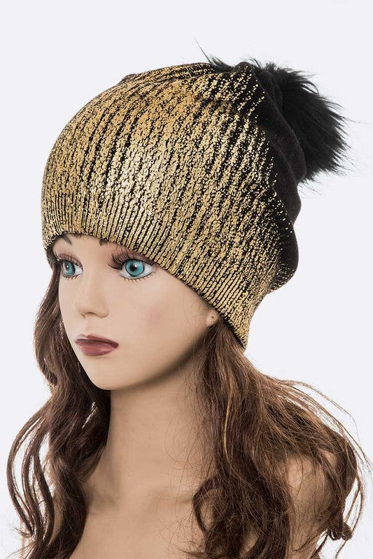 Women's Snug Fit Metallic Cashmere Beanie with Detachable Pom Pom