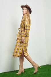 Women's Belted Plaid Print Long Shirt Dress