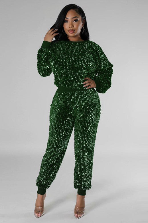 Women's Long Sleeve Sequin Two-Piece Pant Set