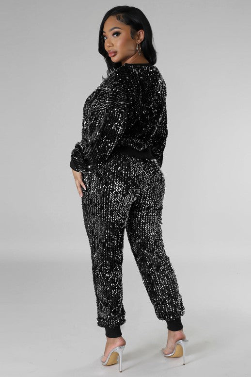 Women's Long Sleeve Sequin Two-Piece Pant Set