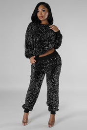 Women's Long Sleeve Sequin Two-Piece Pant Set