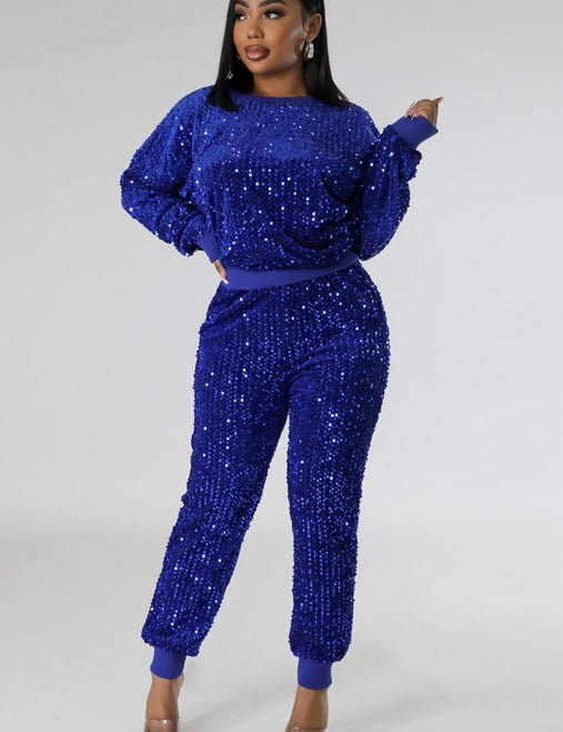 Women's Sequin Long Sleeve Two-Piece Pant Set