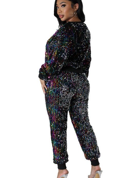 Women's Sequin Long Sleeve Two-Piece Pant Set