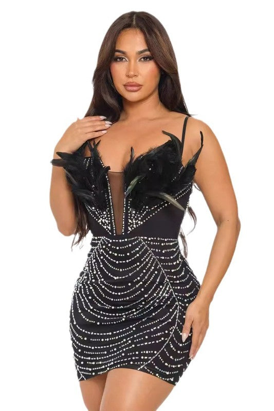 Women's Body-Con Mini Dress with Feather Details