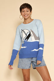 Unisex Knit Sweater with Shark and Sailboat Design