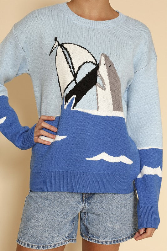 Unisex Knit Sweater with Shark and Sailboat Design