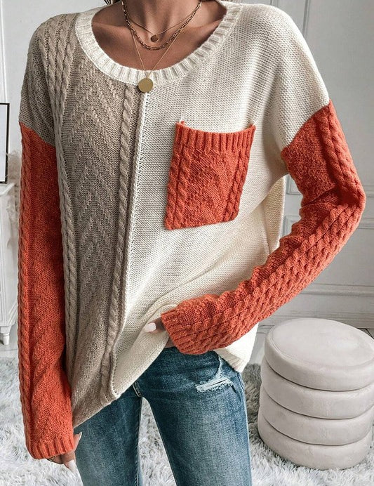 Women Colorblock Patched Pocket Shoulder Sweater